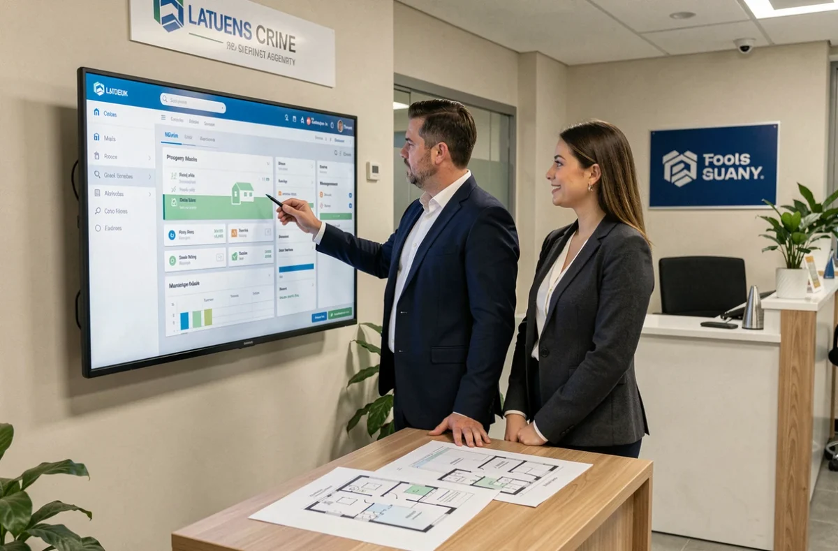 Chef de projet IT d'Aareon France présentant un système d'infogérance sectorielle dans une agence immobilière