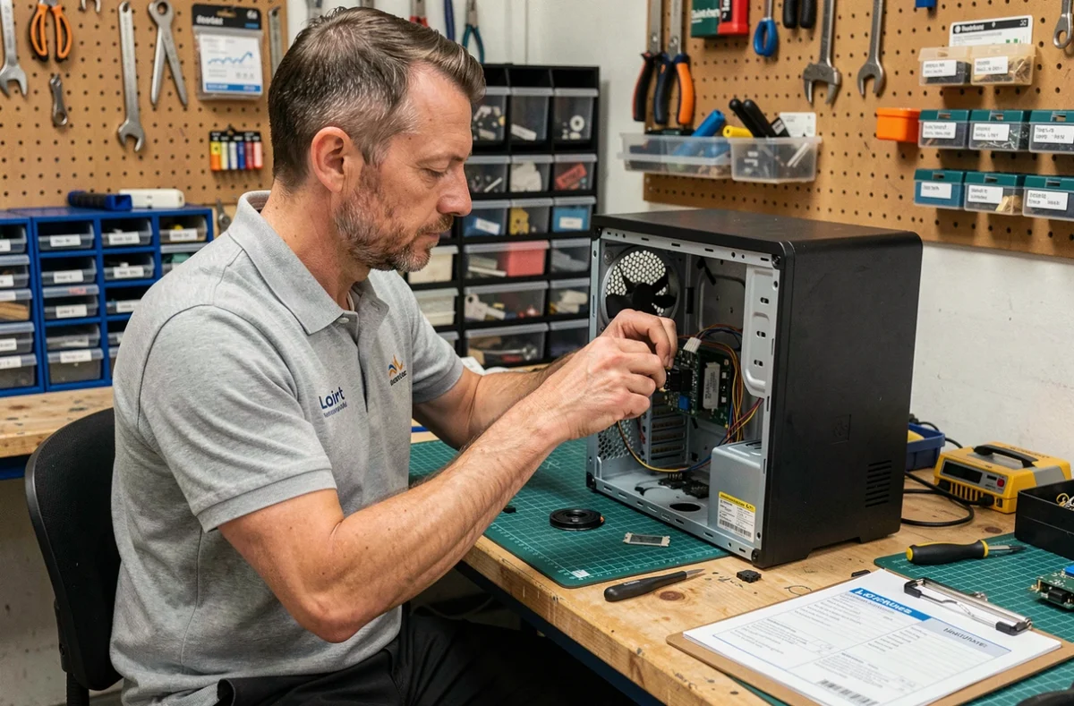 Technicien d'ABC Pom en train de réparer un ordinateur de bureau dans un atelier du Loiret