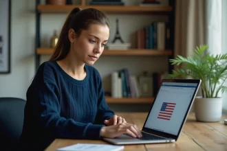 Femme accédant à un site américain depuis son bureau à domicile en France sur un ordinateur portable