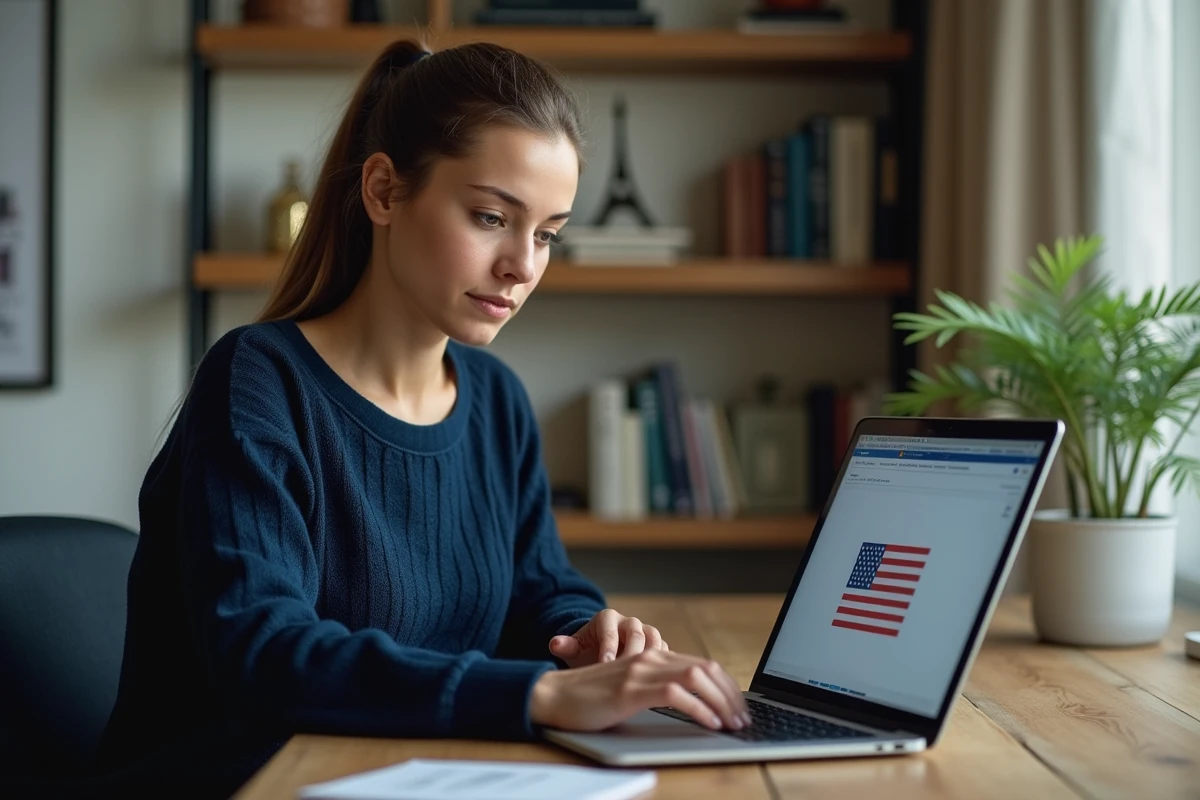 Femme accédant à un site américain depuis son bureau à domicile en France sur un ordinateur portable