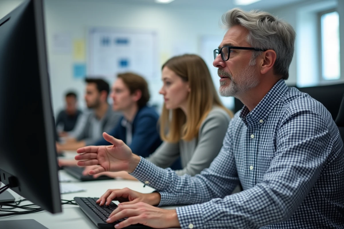 Instructeur informatique montrant une interface web à des étudiants dans un laboratoire