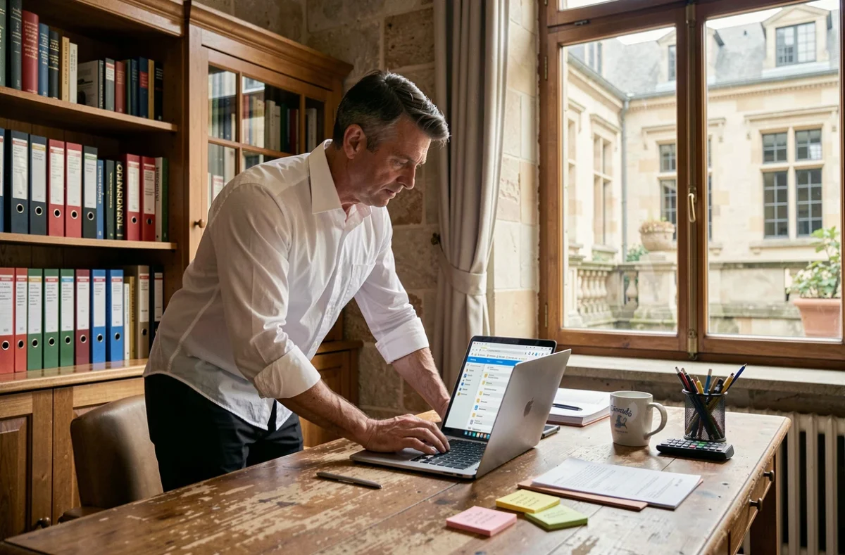 Administrateur universitaire triant ses emails Webmel Nancy sur un laptop dans un bureau institutionnel