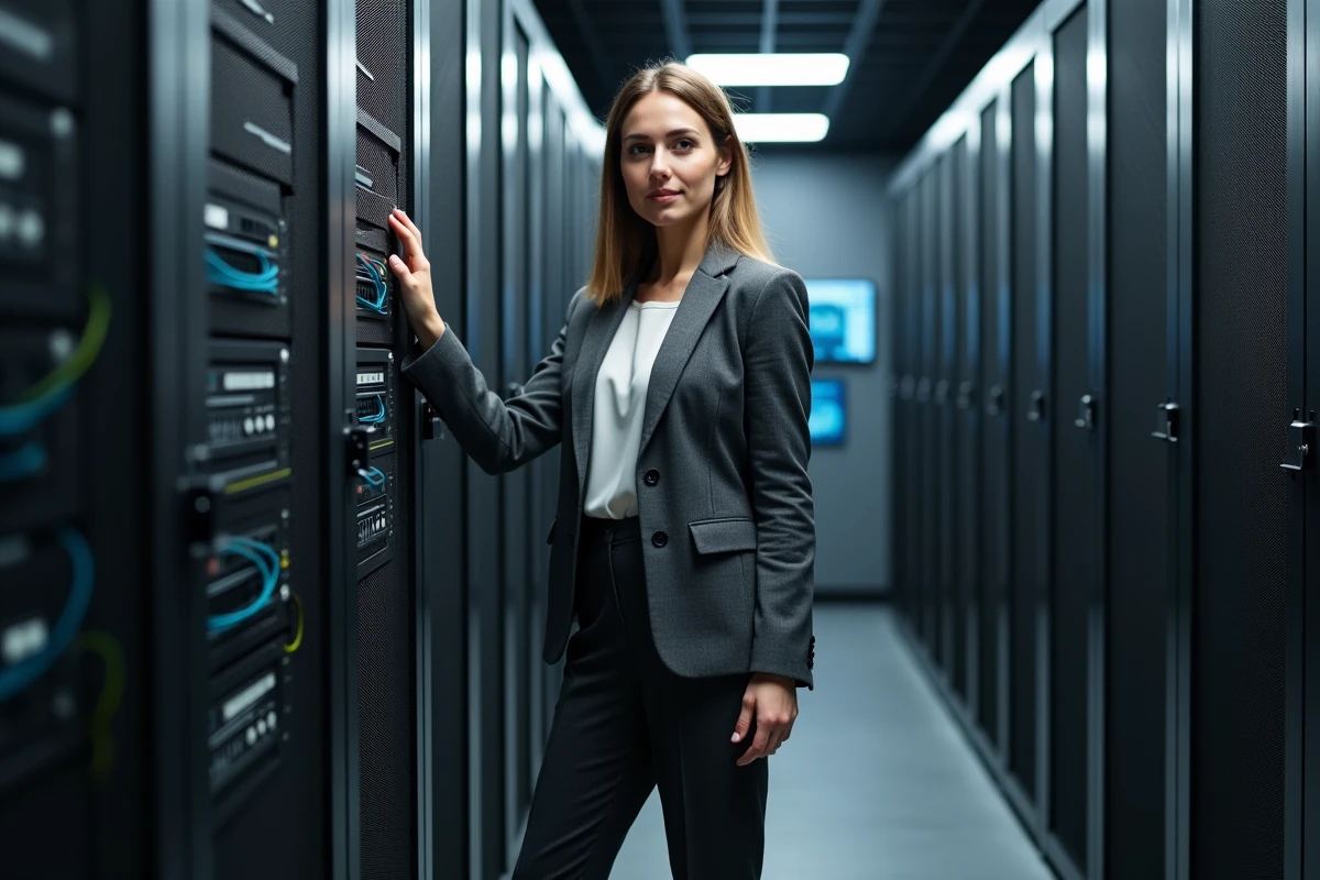 Femme administratrice dans une salle serveurs haute sécurité