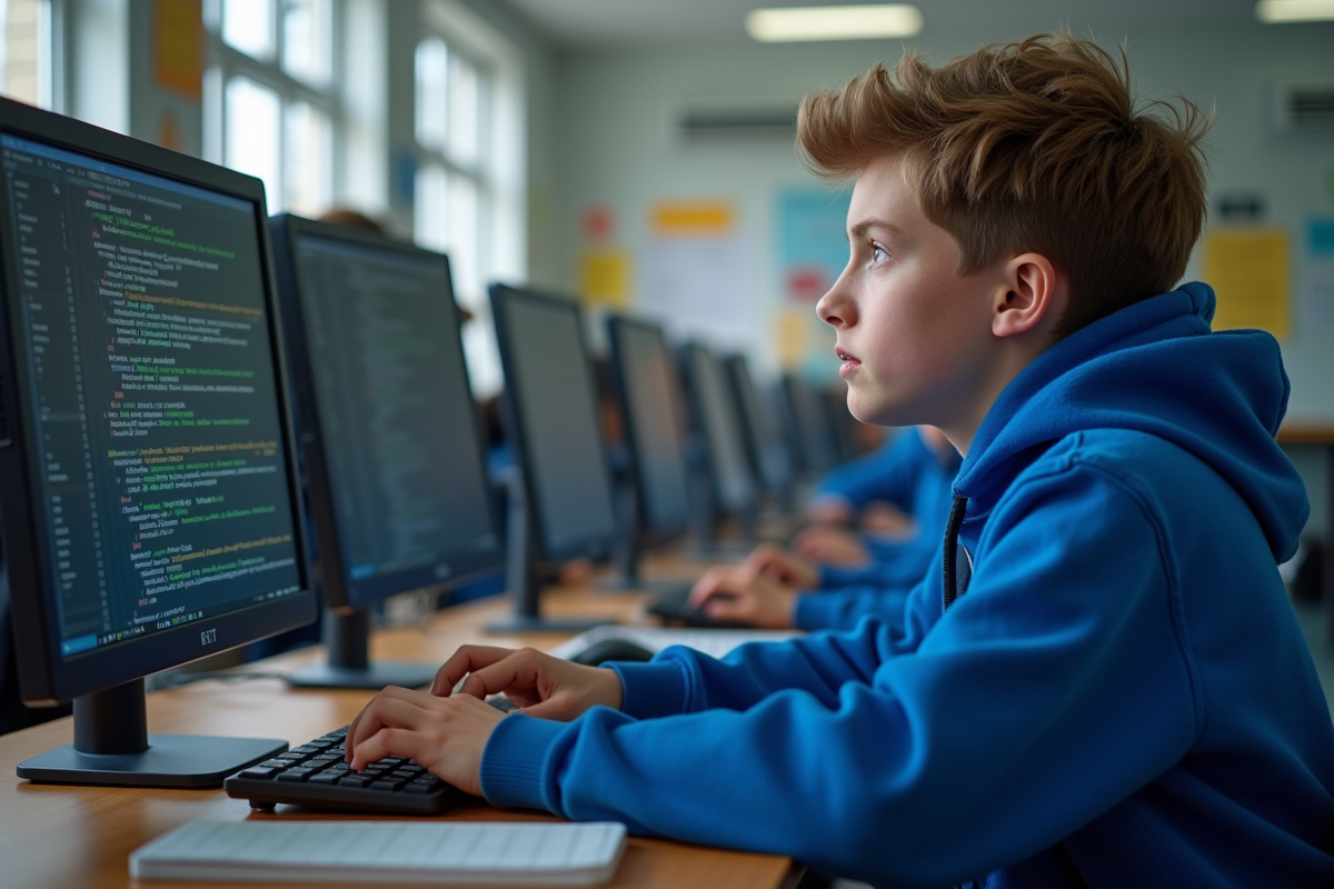 Adolescent en hoodie code dans une salle informatique scolaire