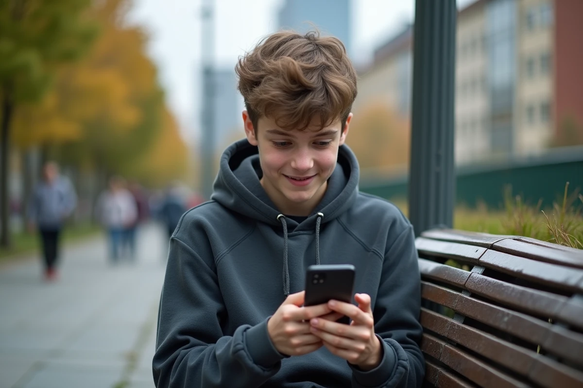 Adolescent regardant ses stories sur un banc de parc urbain
