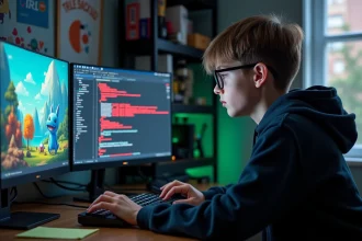 Adolescent concentré qui debug un mod Pokémon Minecraft sur son PC avec deux écrans affichant du code et des assets de jeu