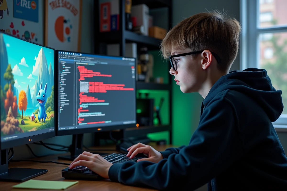 Adolescent concentré qui debug un mod Pokémon Minecraft sur son PC avec deux écrans affichant du code et des assets de jeu