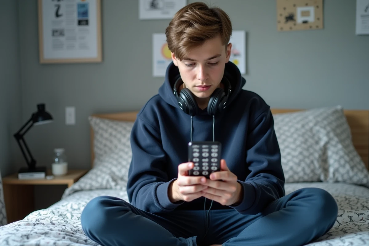 Adolescent analysant une grille de Démineur sur smartphone dans sa chambre
