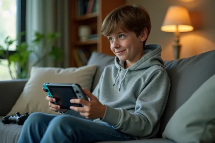 Adolescent jouant à Roblox sur Nintendo Switch en mode portable dans un salon moderne