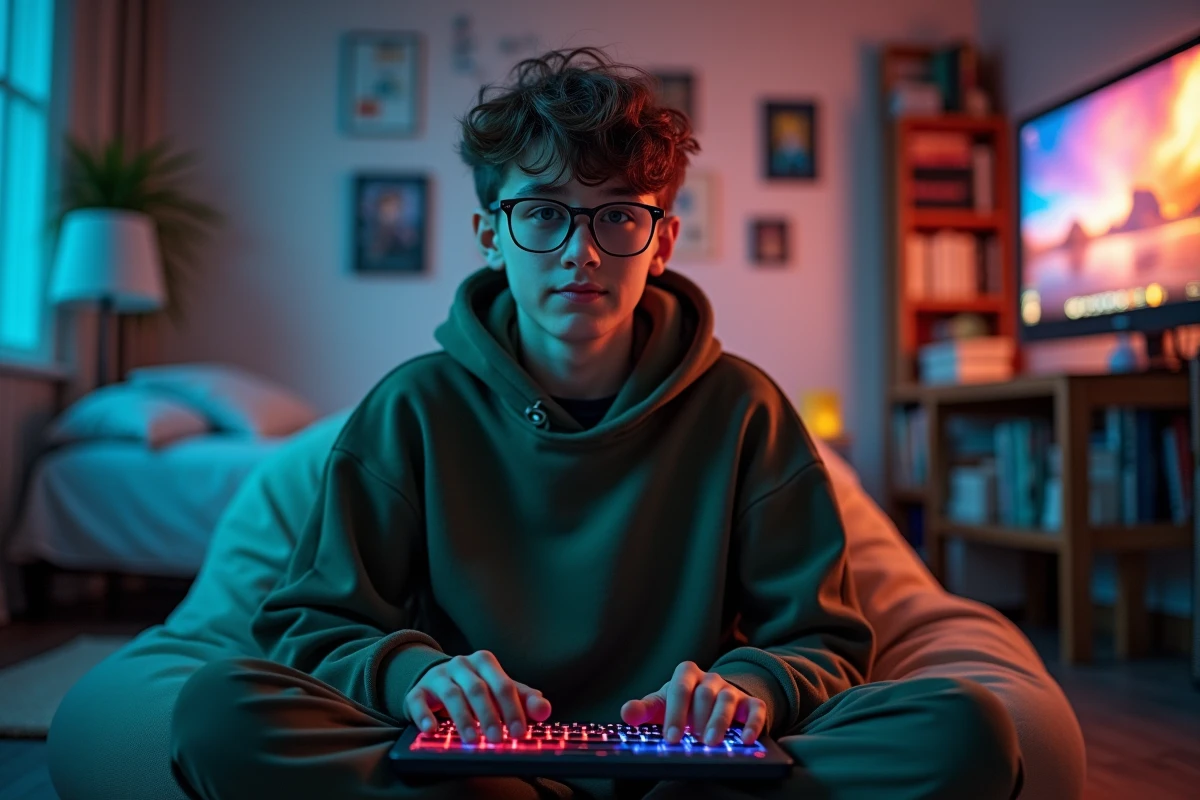 Adolescent s'entraînant à la vitesse de frappe au clavier dans sa chambre, test de dactylo amusant