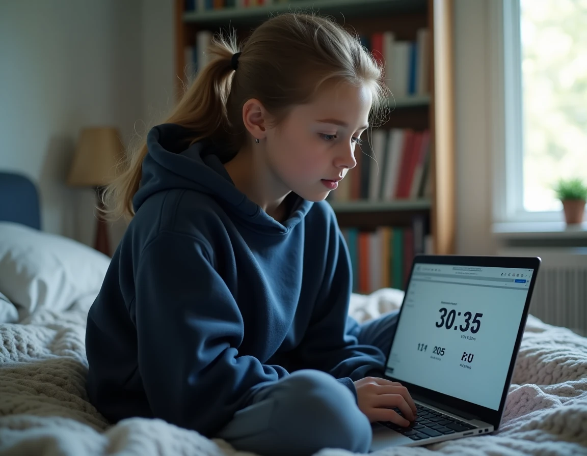 Adolescente utilisant un test de clic en ligne sur son ordinateur portable depuis sa chambre pour améliorer sa vitesse de clic