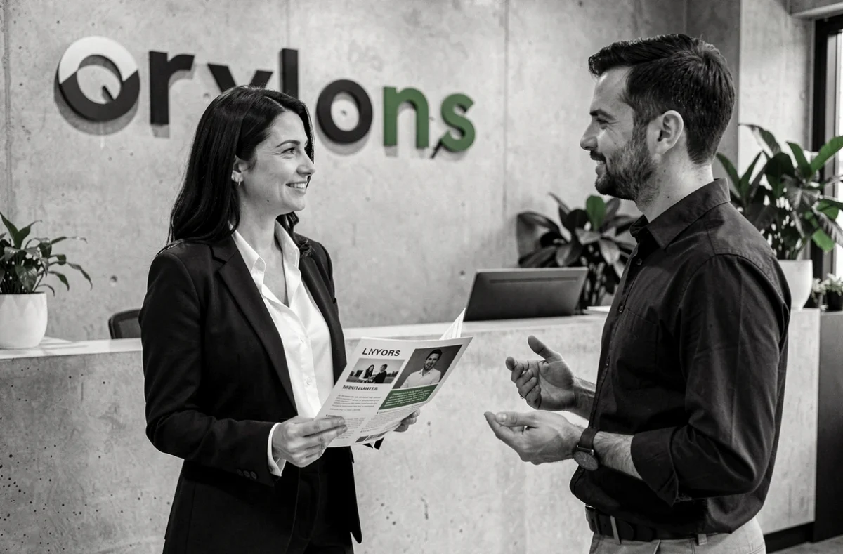 Équipe de l'agence Adrénaline Lyon discutant d'une proposition de campagne web dans le hall moderne de leur agence lyonnaise
