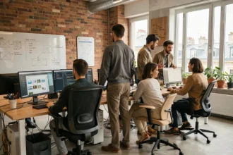 Vue d'ensemble d'une agence de développement web moderne à Lyon avec une équipe de développeurs travaillant sur des projets numériques