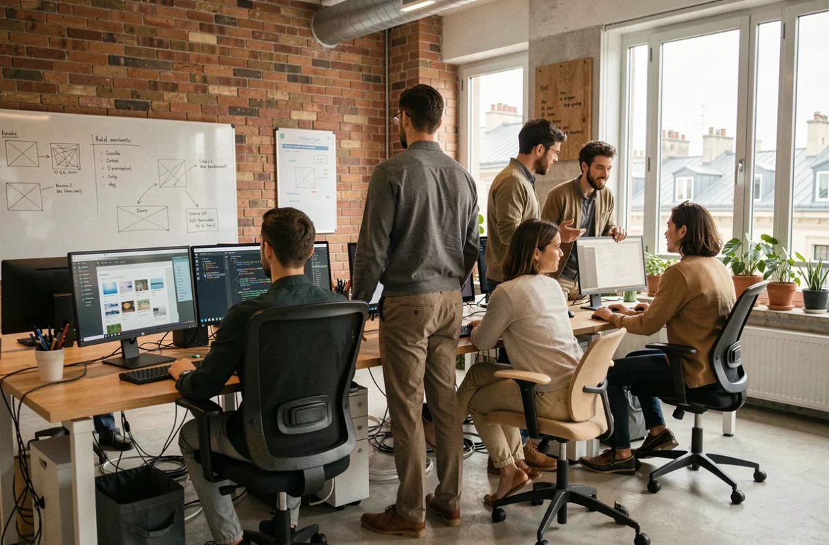 Vue d'ensemble d'une agence de développement web moderne à Lyon avec une équipe de développeurs travaillant sur des projets numériques