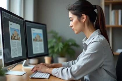 Femme ajustant la taille d'une image insérée dans un document PDF sur un écran d'ordinateur avec des guides de mesure visibles
