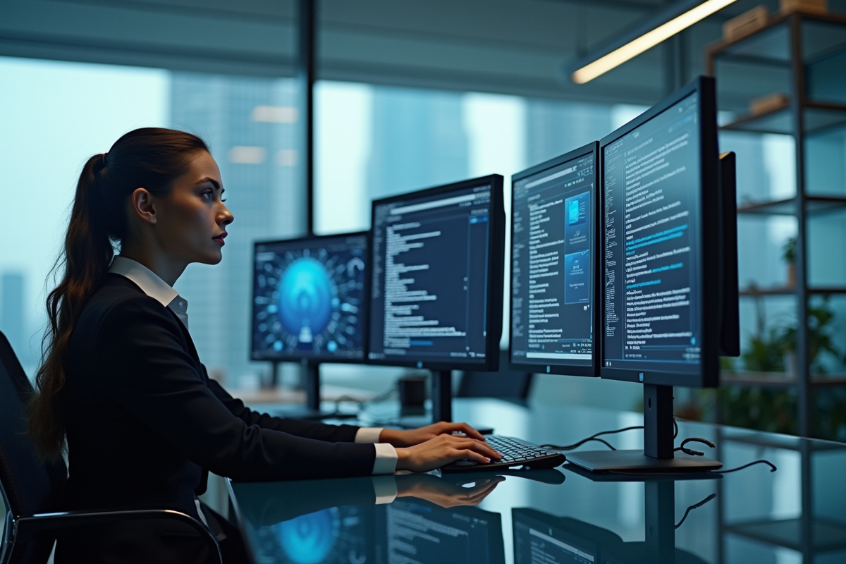 Analyste cybersécurité travaillant devant plusieurs écrans en bureau professionnel