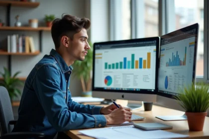 Jeune homme analysant des données de backlinks sur un grand écran