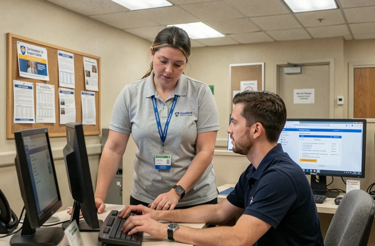 Technicienne de support utilisateurs d'Antares IT intervenant dans un bâtiment municipal