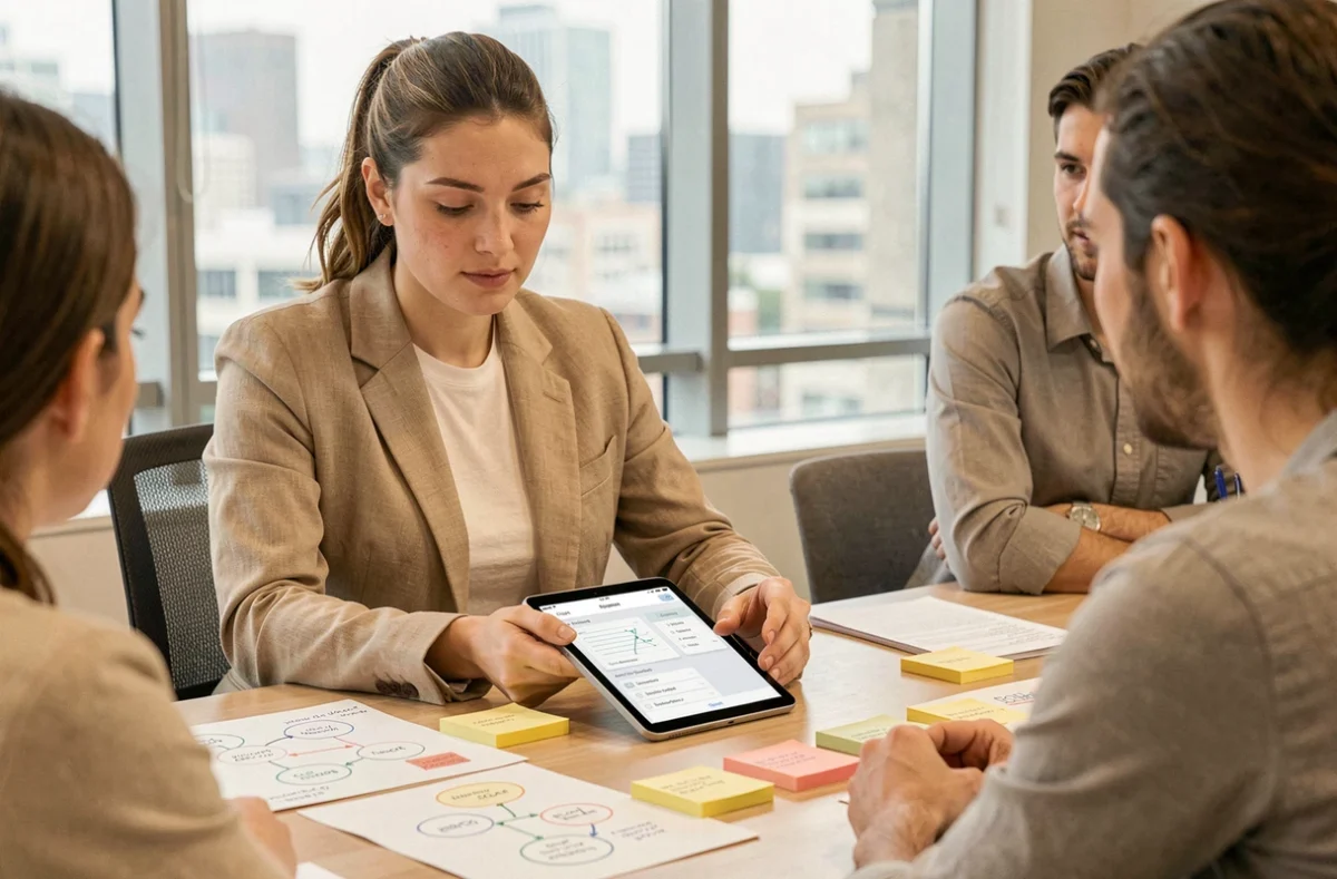 Stratège UX de l'agence Armadiyo présentant des wireframes mobiles à son équipe dans une salle de réunion moderne