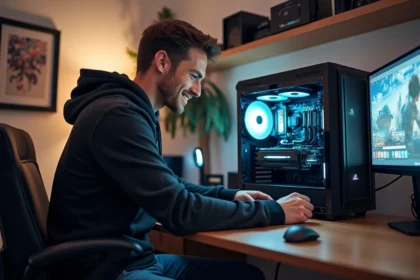 Jeune homme assemble un PC avec refroidissement liquide