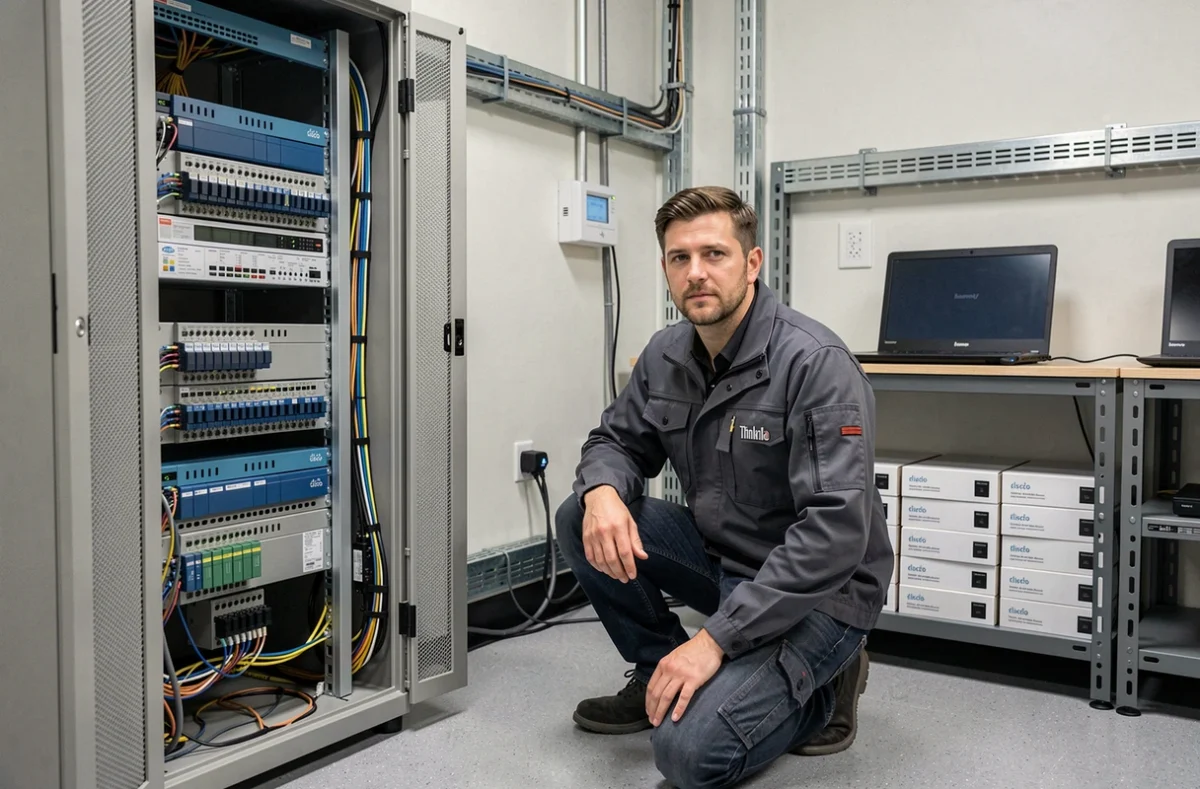 Ingénieur réseau d'Atouts Compétences Informatique configurant des équipements Cisco dans une salle serveur