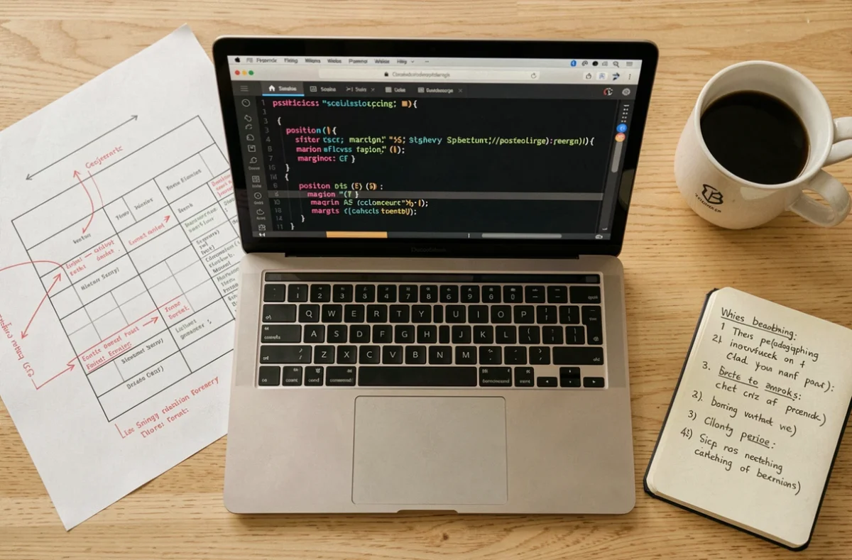 Vue aérienne d'un bureau de développeur avec un éditeur de code CSS ouvert, des notes de débogage manuscrites et un wireframe annoté en rouge