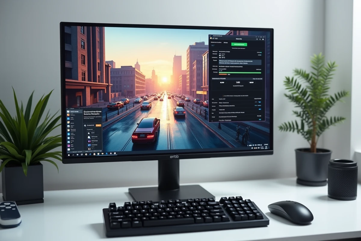 Bureau gaming minimaliste avec interface de gestion de mods GTA V ouverte sur écran PC