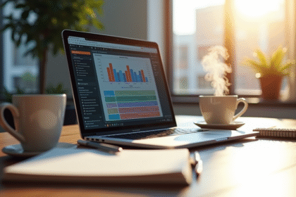 Espace de travail professionnel avec ordinateur lumineux et accessoires