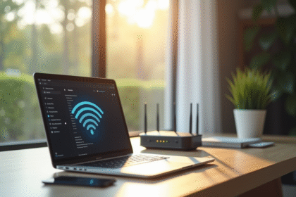 Bureau moderne avec ordinateur portable et réglages WiFi