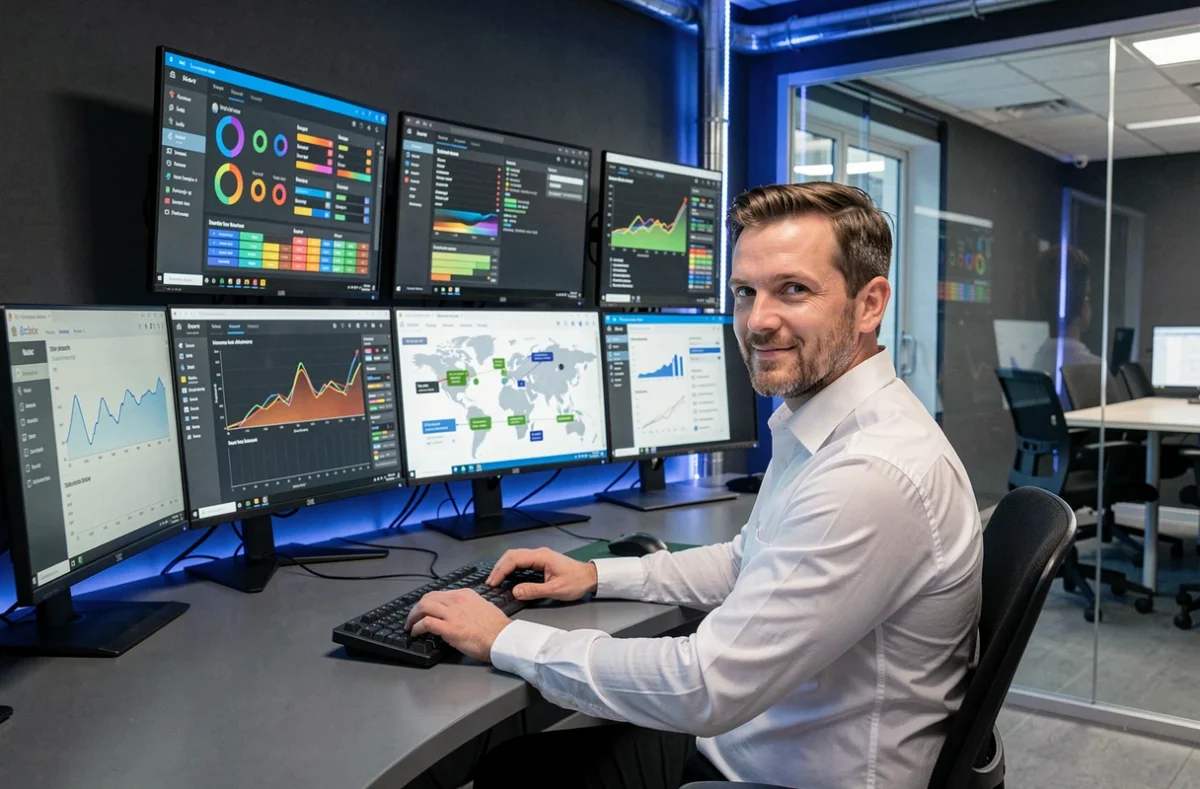 Consultant en infogérance surveillant des tableaux de bord serveurs dans un centre d'opérations managé de Cheops Technology