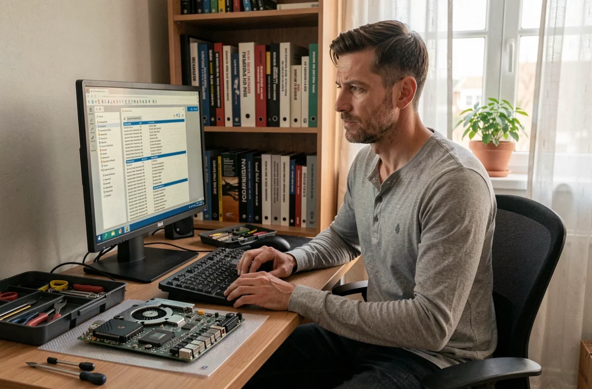 Technicien freelance Christophe Mazzola diagnostiquant un ordinateur dans un bureau à domicile en Moselle