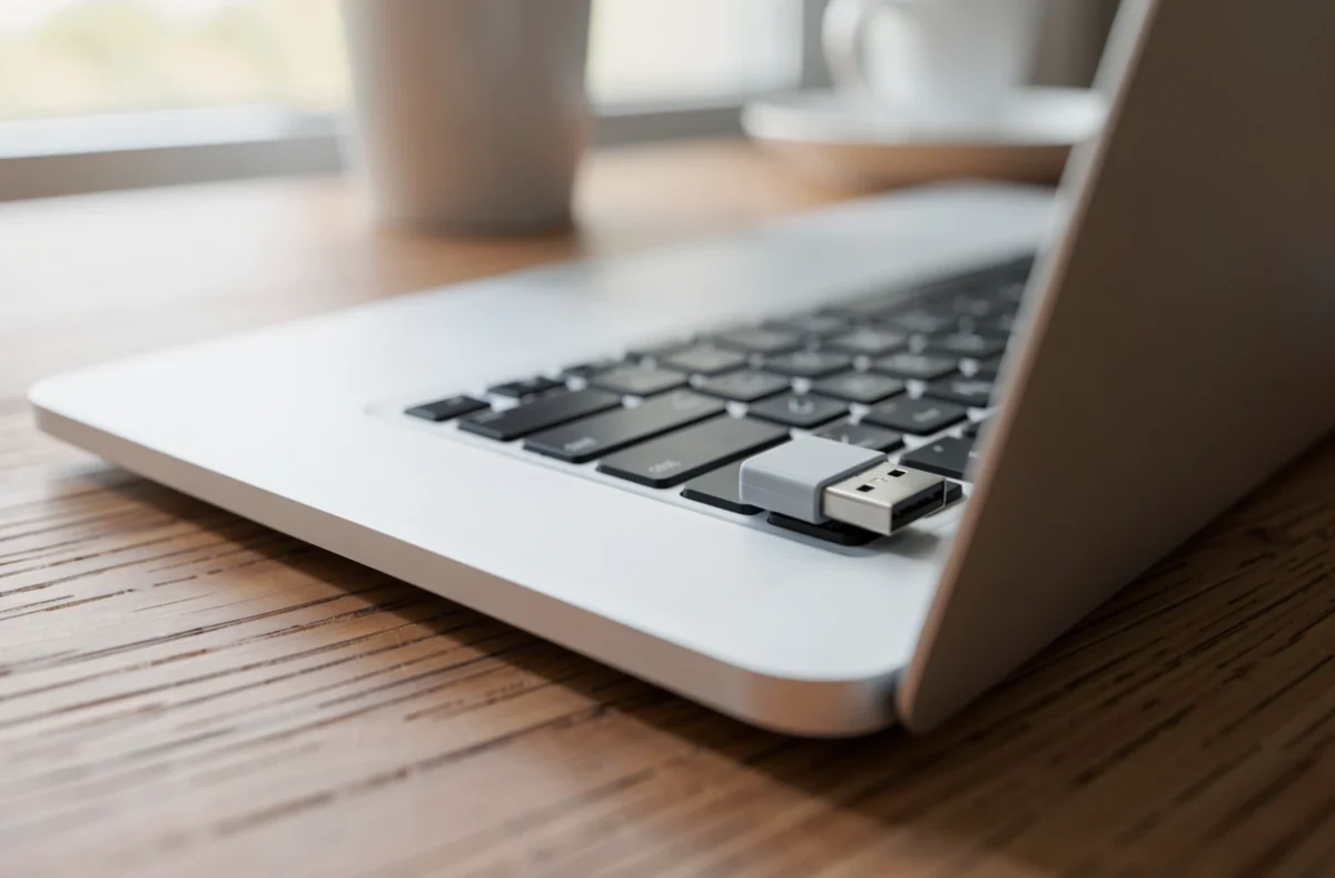 Clé USB branchée sur un ordinateur portable posé sur un bureau
