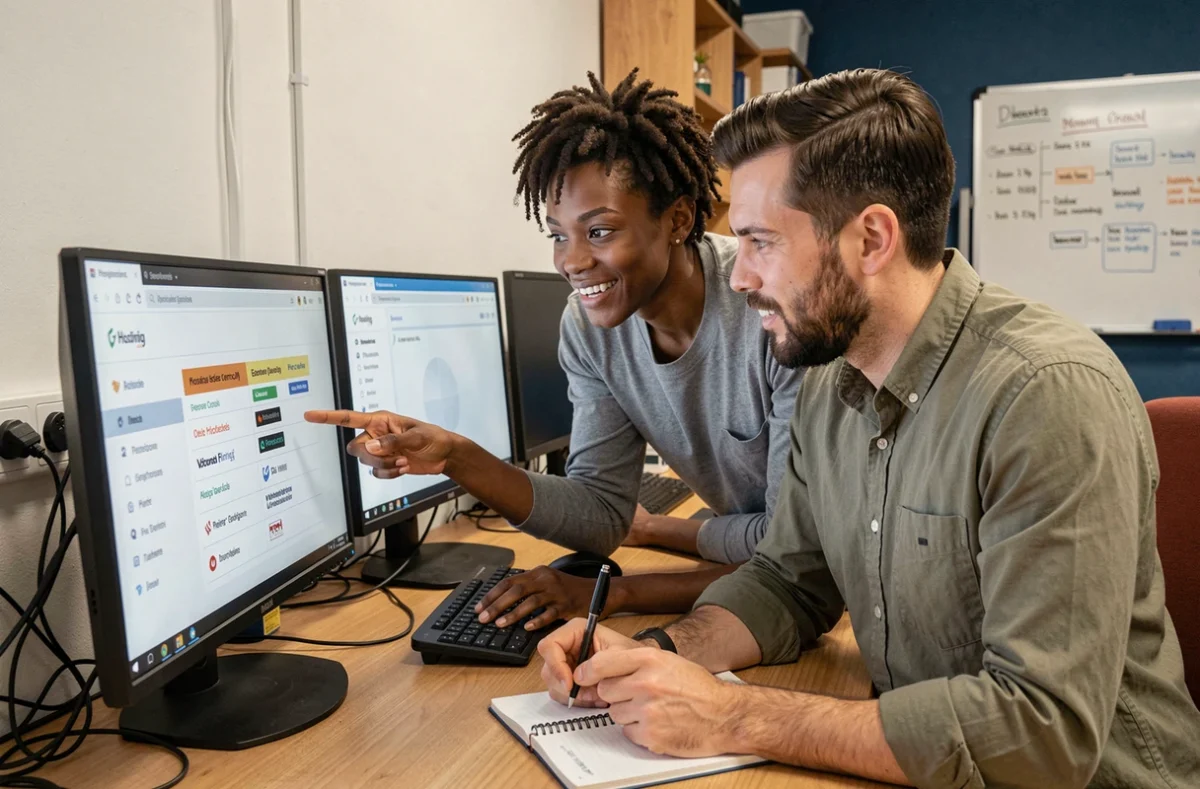 Deux professionnels indépendants comparant des hébergeurs web français sur un écran de bureau en agence