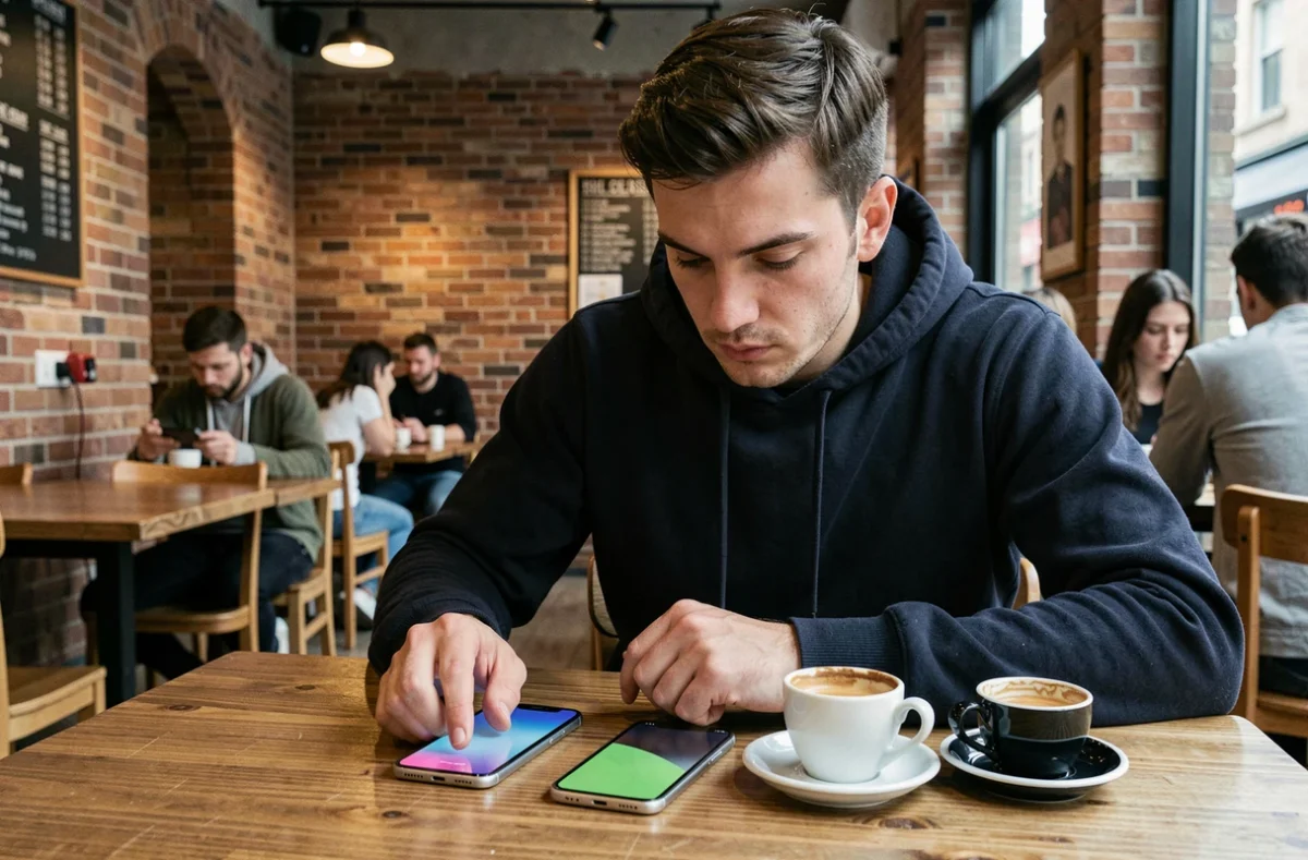 Homme comparant deux smartphones économiques à moins de 200 euros sur une table de café en bois avec un expresso