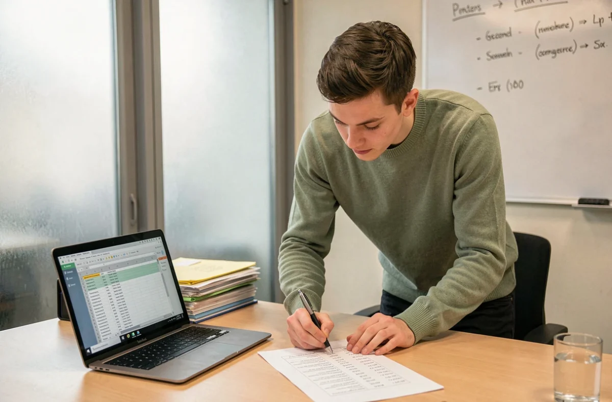 Jeune professionnel comparant un tableau Excel imprimé avec en-têtes figés et l'affichage sur ordinateur portable