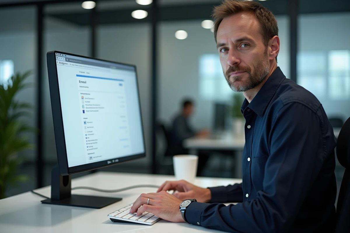 Homme configurant un compte email 1&1 sur un ordinateur de bureau en open space