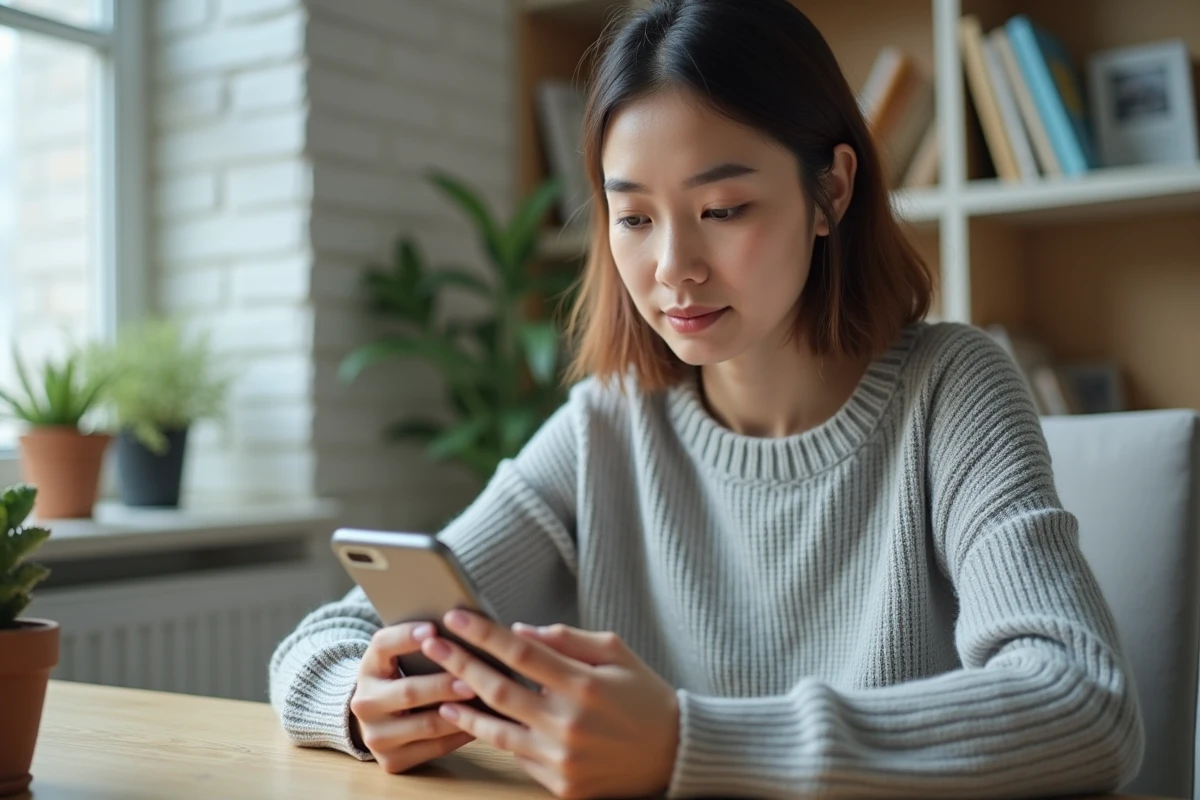 Femme configurant un webmail 1&1 sur son smartphone dans un bureau à domicile