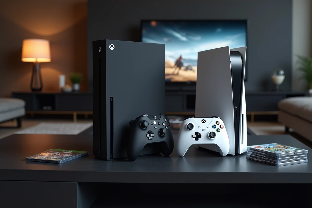 Deux consoles de jeu next-gen Xbox et PlayStation côte à côte dans un salon moderne illustrant la rivalité entre Microsoft et Sony