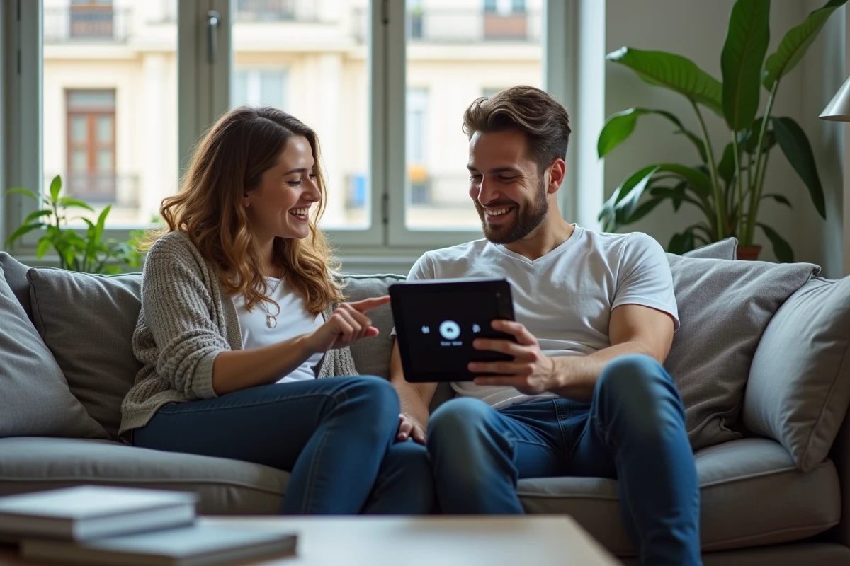 Couple consultant une tablette pour accéder à Google USA depuis leur appartement parisien