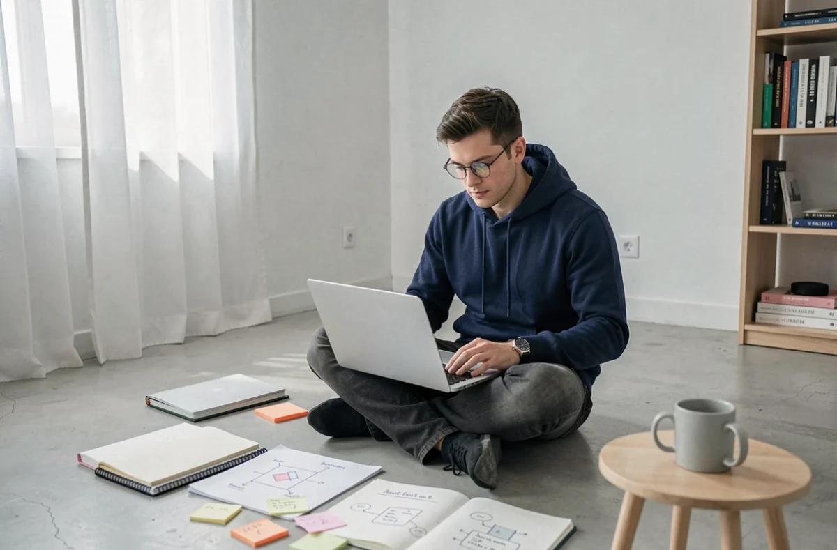 Créateur web indépendant configurant son hébergement depuis son appartement avec des notes de projet autour de lui