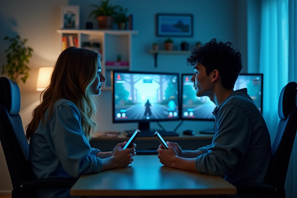 Deux joueurs pratiquant le cross-play Roblox sur Nintendo Switch et smartphone dans un appartement