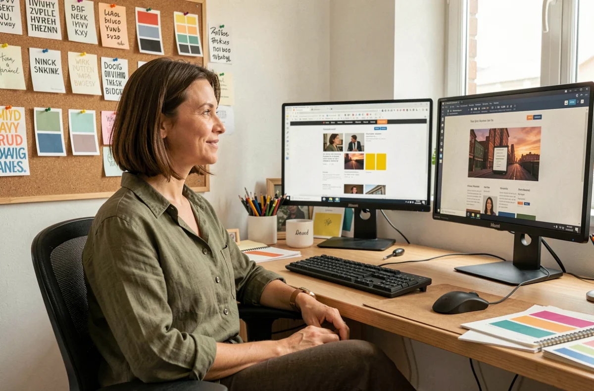 Designer de l'agence Czmultimedia travaillant sur une maquette de site web responsive dans un studio créatif