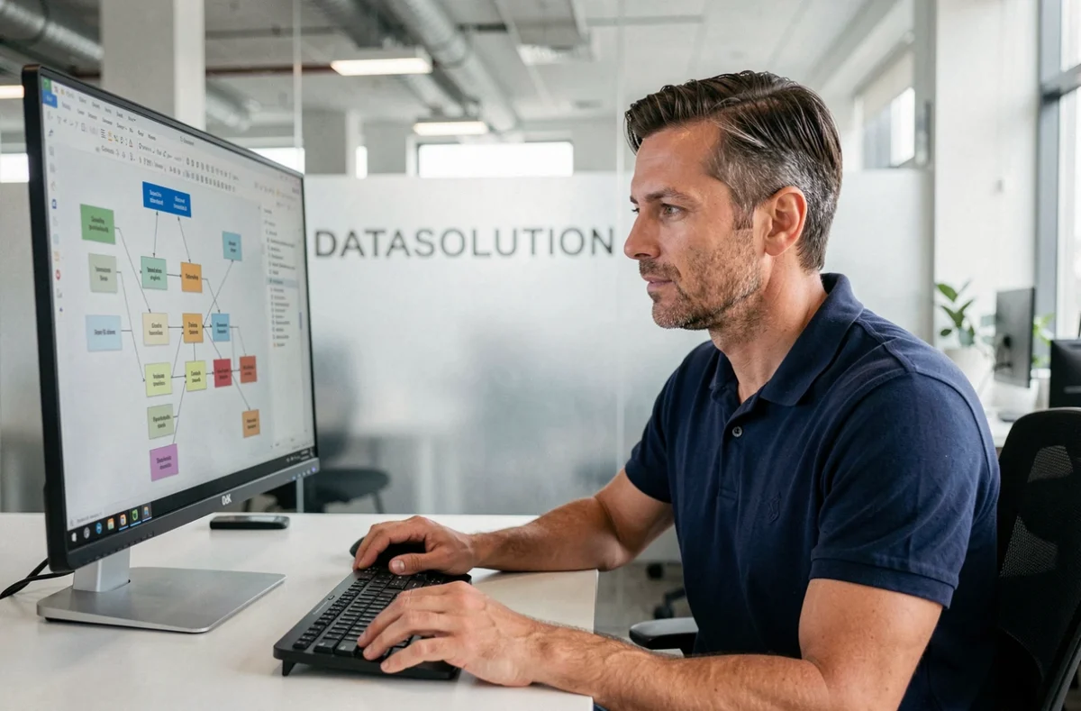 Développeur de l'agence DATASOLUTION travaillant sur une architecture de base de données dans un bureau moderne