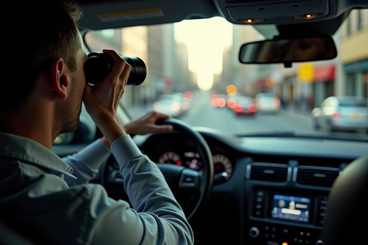 Detective privé observant avec des jumelles dans la voiture