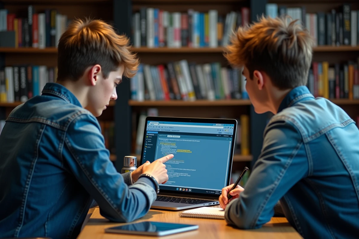 Deux adolescents collaborant pour corriger les bugs d'un mod Pokémon Minecraft, l'un pointant l'écran et l'autre prenant des notes