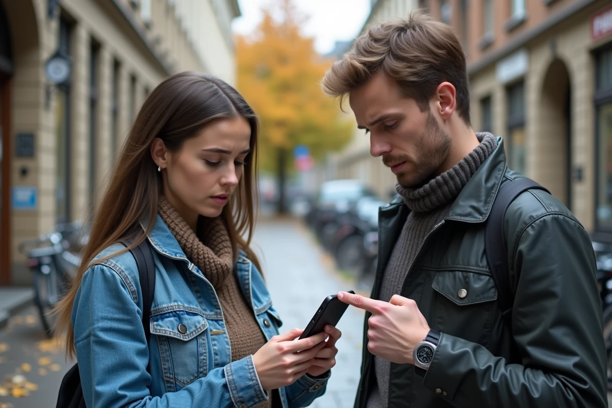 Deux personnes en ville consultant un iPhone affichant une erreur de localisation sur l'application Find My iCloud