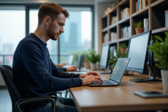 Jeune developpeur en train de coder dans un bureau moderne