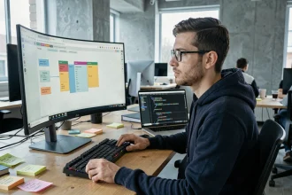 Développeur web corrigeant un problème de placement CSS sur un grand écran avec des éléments de mise en page désalignés