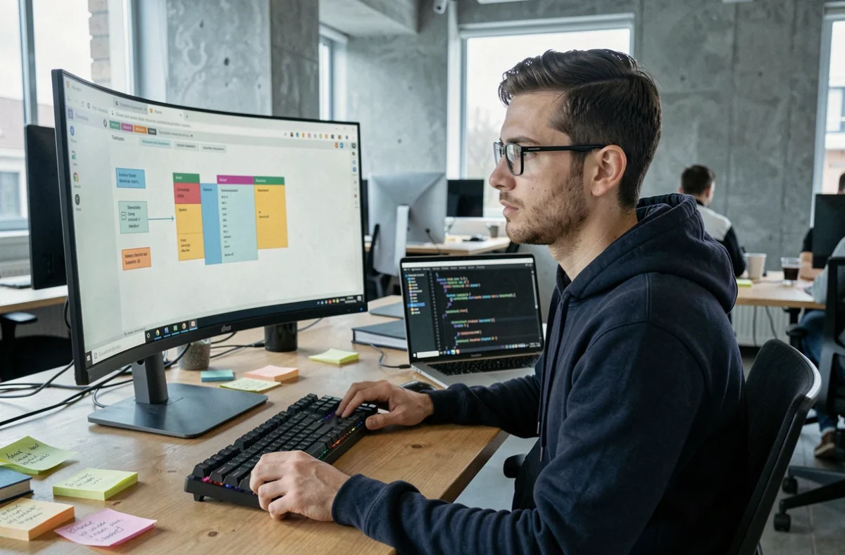 Développeur web corrigeant un problème de placement CSS sur un grand écran avec des éléments de mise en page désalignés