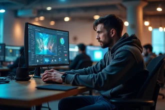 Développeur de jeux vidéo analysant des interfaces de console Xbox et PlayStation sur plusieurs écrans dans un bureau technologique moderne